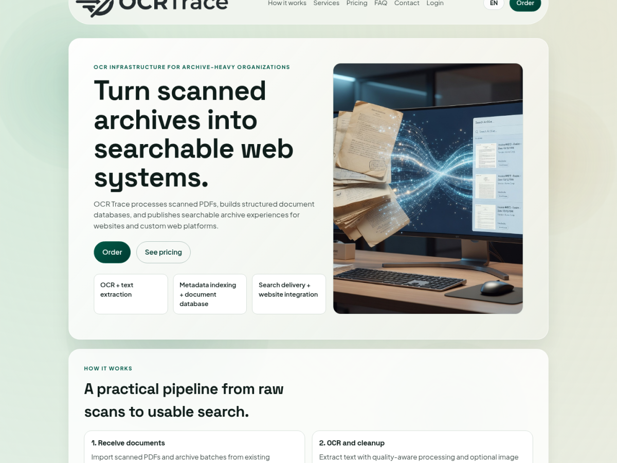 OCRTrace homepage with top navigation and document digitisation hero banner