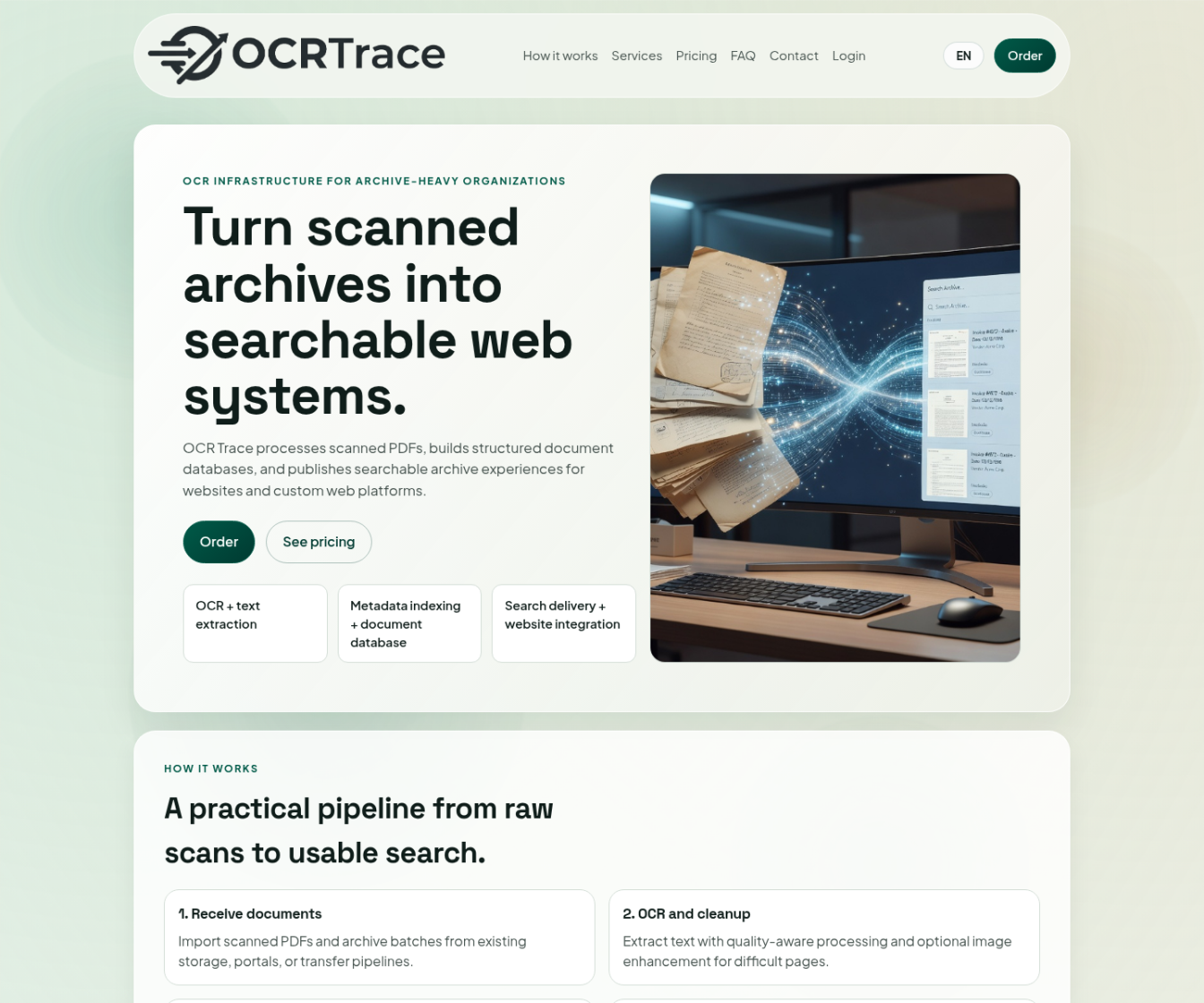OCRTrace homepage with top navigation and document digitisation hero banner